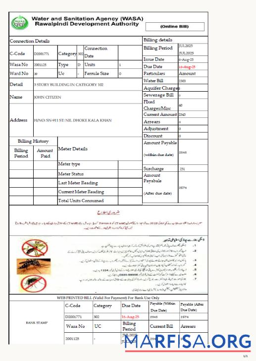 Downloadable Pakistan Water and Sanitation Agency Rawalpindi Development Authority utility bill template in Word and PDF formats